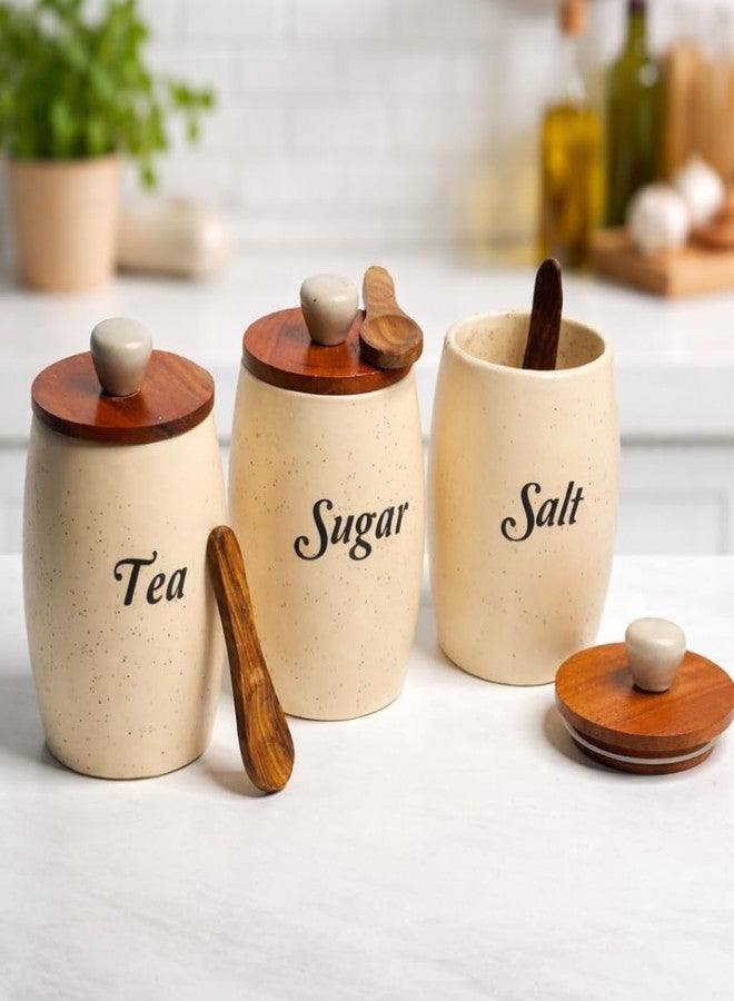 Decor Doers Ceramic Tea Sugar Salt Container Set of 3, 400mgs each with Wooden Spoons | Airtight Wooden Lid Kitchen Storage Canisters | Premium Countertop Ceramic Jars | Gift Ready - Image 1