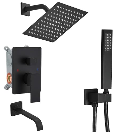 Heable Matte Black Shower Faucet Set with Tub Spout Bathroom Rainfall 8 Inch Shower Head System with Handheld Single Handle Shower Trim Kit with Rough-in Valve - Image 1