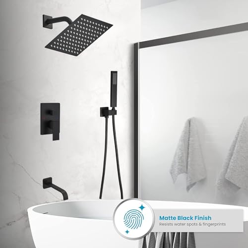 Heable Matte Black Shower Faucet Set with Tub Spout Bathroom Rainfall 8 Inch Shower Head System with Handheld Single Handle Shower Trim Kit with Rough-in Valve - Image 2