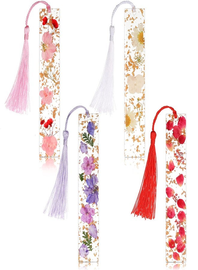 Clabby 4 Pieces Dried Flower Resin Bookmarks Handmade Transparent Floral Dried Flower Page Marker with Colorful Silky Tassel for Teacher Women Students(Plain Style) - Image 1