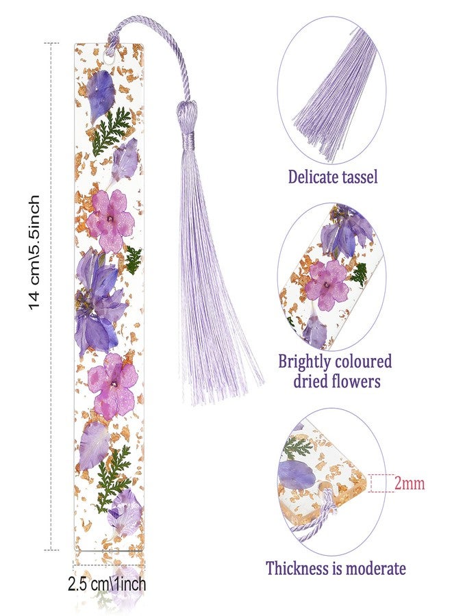 Clabby 4 Pieces Dried Flower Resin Bookmarks Handmade Transparent Floral Dried Flower Page Marker with Colorful Silky Tassel for Teacher Women Students(Plain Style) - Image 2