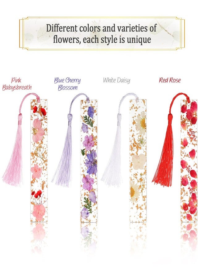 Clabby 4 Pieces Dried Flower Resin Bookmarks Handmade Transparent Floral Dried Flower Page Marker with Colorful Silky Tassel for Teacher Women Students(Plain Style) - Image 3