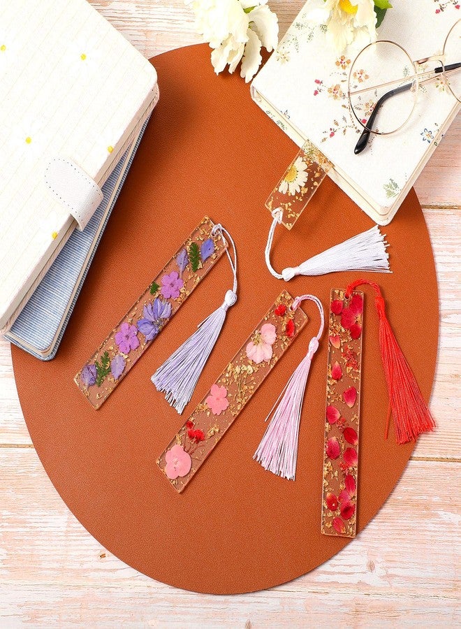 Clabby 4 Pieces Dried Flower Resin Bookmarks Handmade Transparent Floral Dried Flower Page Marker with Colorful Silky Tassel for Teacher Women Students(Plain Style) - Image 4