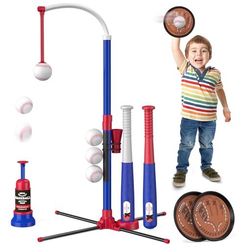 HYES 4 in 1 T Ball Sets for Kids 35 with Toss and Catch Ball Set Hanging Tee Stand with Auto Pitching Machine 2 Bats Indoor Outdoor Toys Birthday Baseball Gifts for Toddler Boys Girls Blue - Image 1