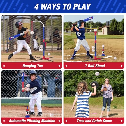HYES 4 in 1 T Ball Sets for Kids 35 with Toss and Catch Ball Set Hanging Tee Stand with Auto Pitching Machine 2 Bats Indoor Outdoor Toys Birthday Baseball Gifts for Toddler Boys Girls Blue - Image 5