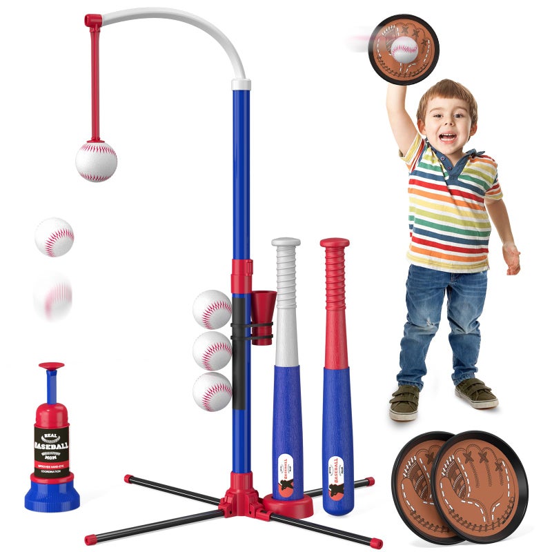 HYES 4 in 1 T Ball Sets for Kids 35 with Toss and Catch Ball Set Hanging Tee Stand with Auto Pitching Machine 2 Bats Indoor Outdoor Toys Birthday Baseball Gifts for Toddler Boys Girls Blue - Image 2