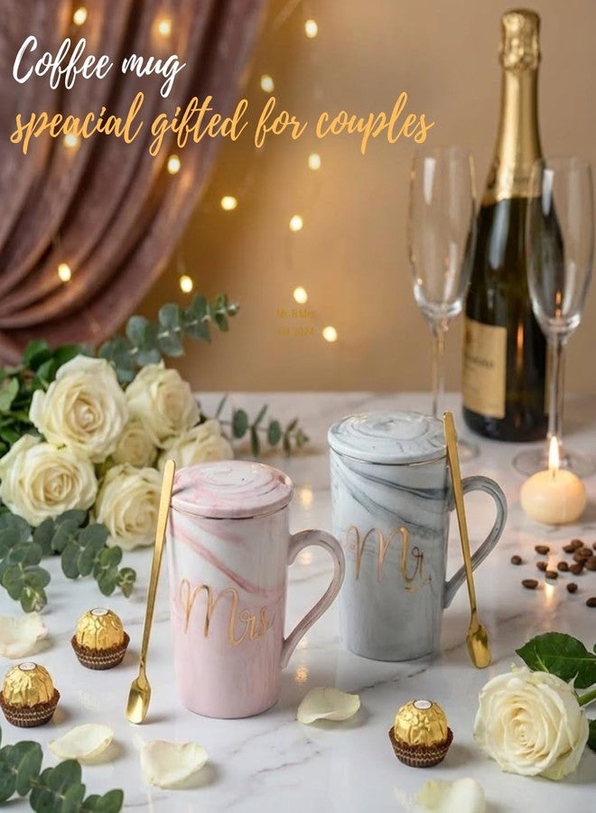 NYRWANA Coffee Mug, Wedding Present for Couples, Marriage Presents for Wedding, Couple Present, Mr & Mrs Set of 2 Coffee Mugs, Lids, Golden Spoon & Beautiful Gift Box (380ml-Ceramic) - Image 4