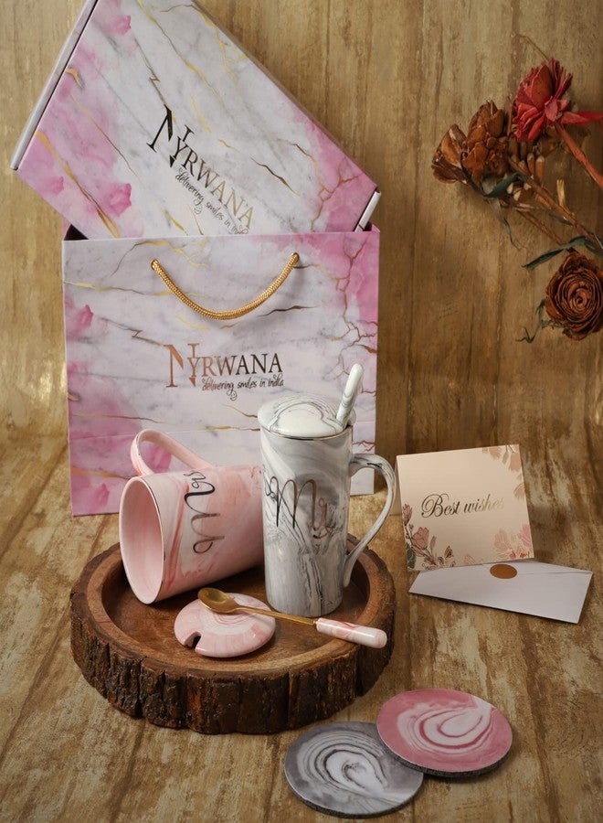 NYRWANA Coffee Mug, Wedding Present for Couples, Marriage Presents for Wedding, Couple Present, Mr & Mrs Set of 2 Coffee Mugs, Lids, Golden Spoon & Beautiful Gift Box (380ml-Ceramic) - Image 2