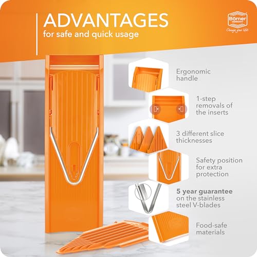 Börner Mandoline Slicer V1 (Basis Set) • V-Slicer with 2 Inserts & Fruit Holder • Adjustable Kitchen Slicer for Vegetables & Fruits • Vegetable Cutter • 3 Thickness Settings • Color: Orange - Image 4