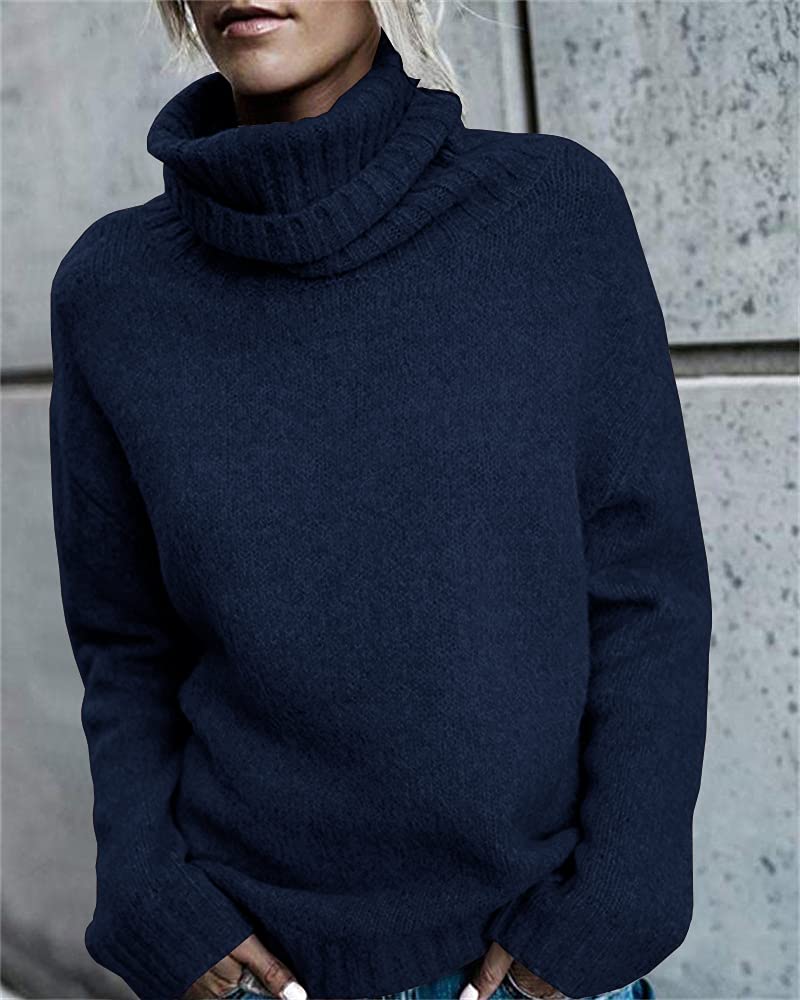 FISACE Womens Oversized Turtleneck Pullover Sweater Cable Knit Long Sleeve Sweater Tops A-Navy - Image 2