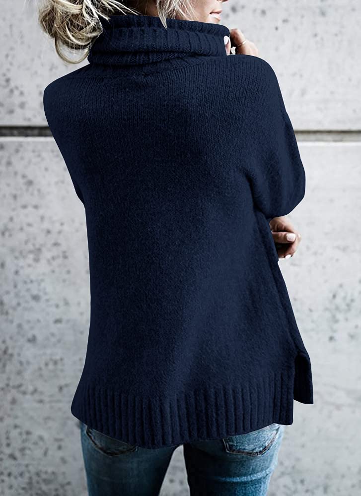 FISACE Womens Oversized Turtleneck Pullover Sweater Cable Knit Long Sleeve Sweater Tops A-Navy - Image 4