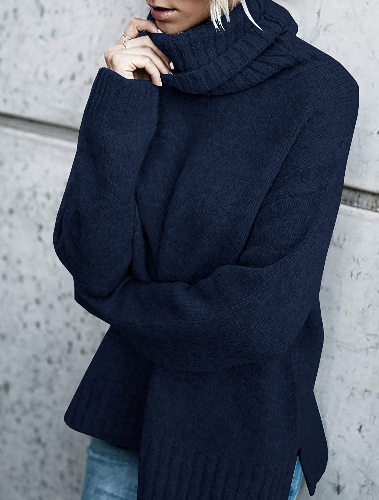 FISACE Womens Oversized Turtleneck Pullover Sweater Cable Knit Long Sleeve Sweater Tops A-Navy - Image 3