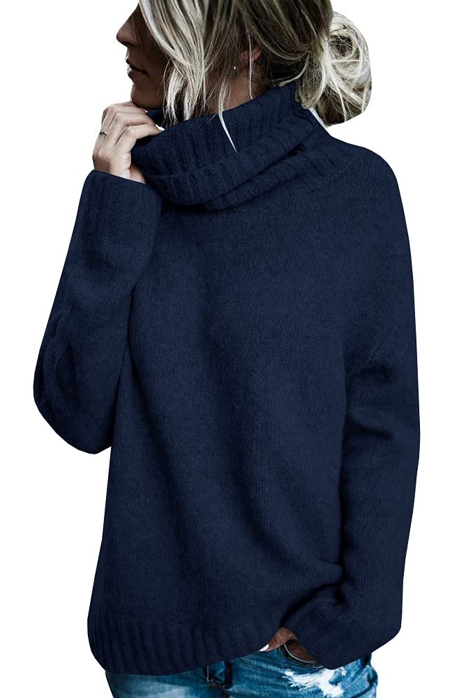 FISACE Womens Oversized Turtleneck Pullover Sweater Cable Knit Long Sleeve Sweater Tops A-Navy - Image 1