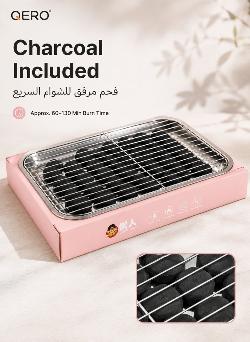 QERO Disposable Charcoal BBQ Grill, Pink Portable Tabletop Barbecue with Included Charcoal and Stainless Steel Rack for Camping and Picnic - Image 4