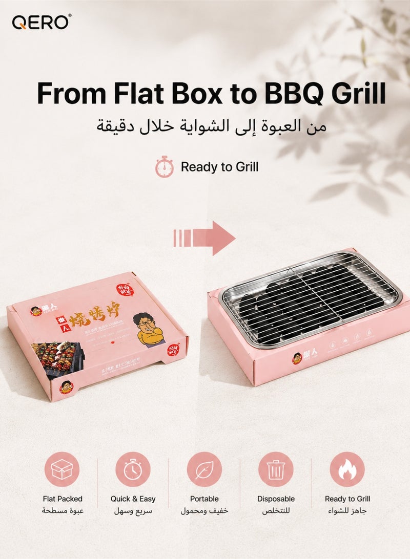 QERO Disposable Charcoal BBQ Grill, Pink Portable Tabletop Barbecue with Included Charcoal and Stainless Steel Rack for Camping and Picnic - Image 3