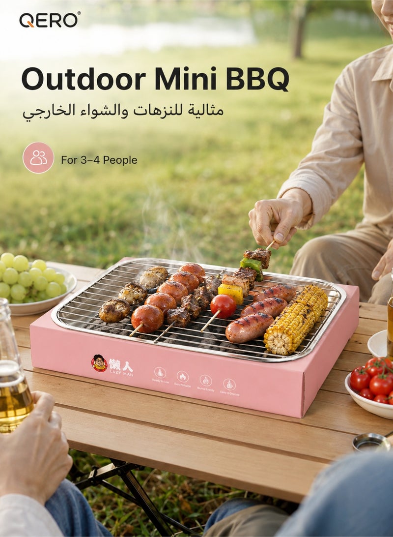 QERO Disposable Charcoal BBQ Grill, Pink Portable Tabletop Barbecue with Included Charcoal and Stainless Steel Rack for Camping and Picnic - Image 2