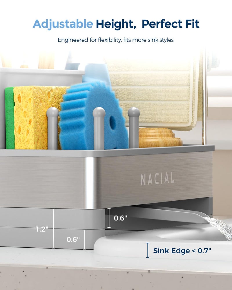 Nacial Sponge Holder for Kitchen Sink, Sink Caddy Organizer with High Brush Holder & Two Towel Racks - Rustproof 304 Stainless Steel Kitchen Countertop Storage Essentials - Gris - Image 4