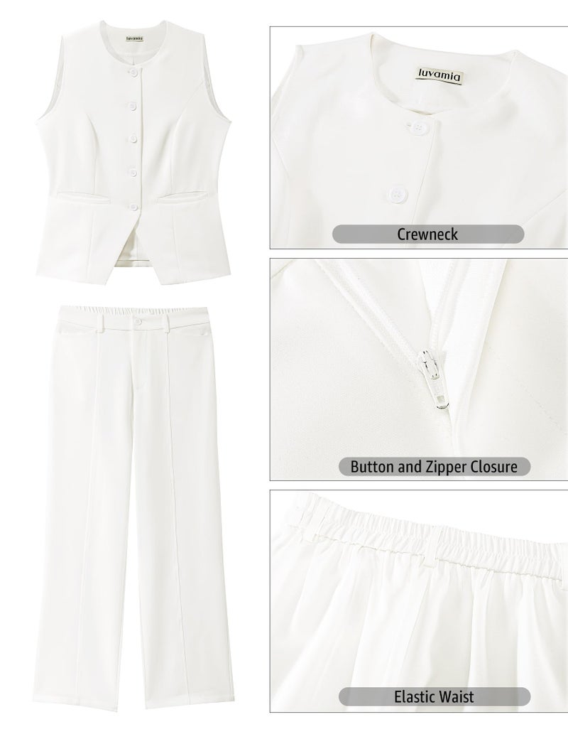 luvamia 2 Piece Sets for Women Summer Womens Vest and Pants Set 2 Piece Suits for Women Dressy White Vest and Pants Set Cream White Large Fits Size 12 / Size 14 - Image 5