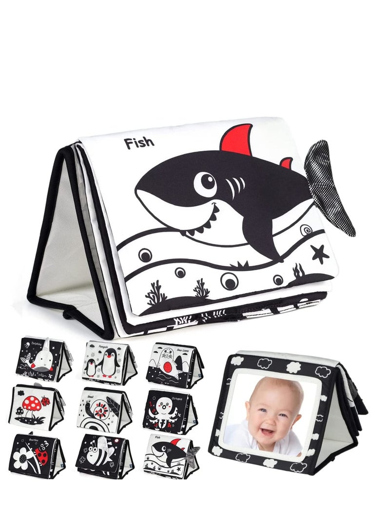 MIXDE Black and White Baby Toys, Infant Tummy-time Soft Crinkle Book with Huge Baby Safe Mirror, 3D Brain Development Toys - Image 1