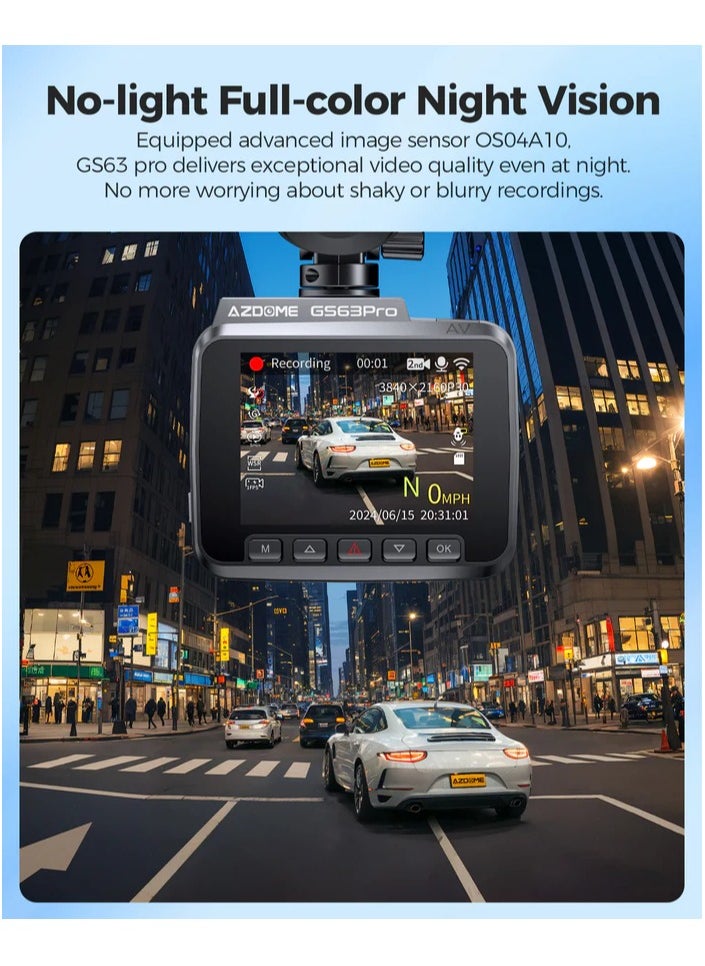 AZDOME كاميرا GS63 Pro 4K HDR Dash Cam مع رؤية ليلية كاملة الألوان، وذاكرة eMMC سعة 128 جيجابايت، وADAS، وكاميرا أمامية وخلفية بدقة 4K+1080P، وWiFi 5GHz GPS، ووضع ركن السيارة على مدار 24 ساعة  - Image 3