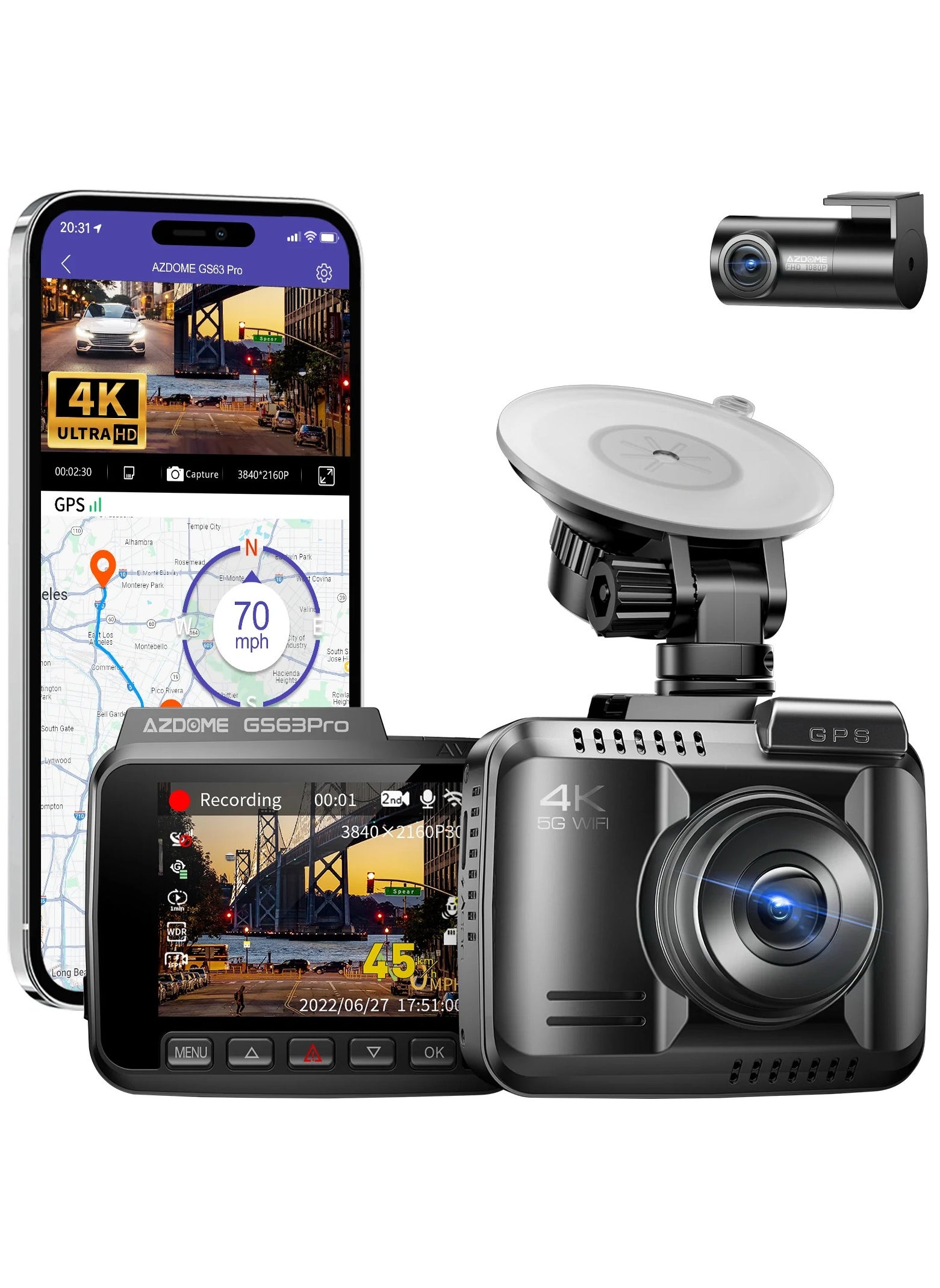 AZDOME كاميرا GS63 Pro 4K HDR Dash Cam مع رؤية ليلية كاملة الألوان، وذاكرة eMMC سعة 128 جيجابايت، وADAS، وكاميرا أمامية وخلفية بدقة 4K+1080P، وWiFi 5GHz GPS، ووضع ركن السيارة على مدار 24 ساعة 