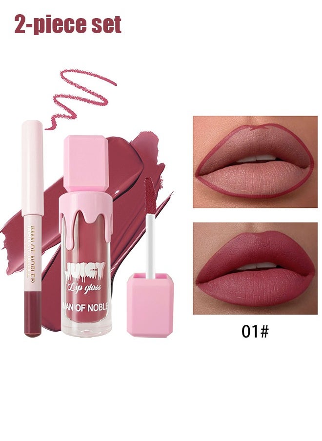 IMAN OF NOBLE Matte Liquid Lipstick, Lip Liner Pens, Set of 2, One Step Lips Makeup Sets Pigment Velvety Nude Lip Stain Waterproof Long Wear Lip Gloss Make up Gift Set (01)  - Image 1