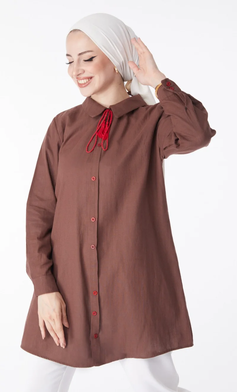 Tofisa Plain Shirt Collar Women's Brown Tassel Detail Tunic - 13159