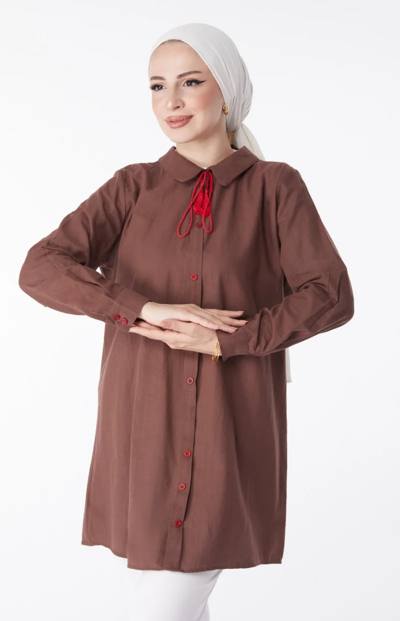 Tofisa Plain Shirt Collar Women's Brown Tassel Detail Tunic - 13159