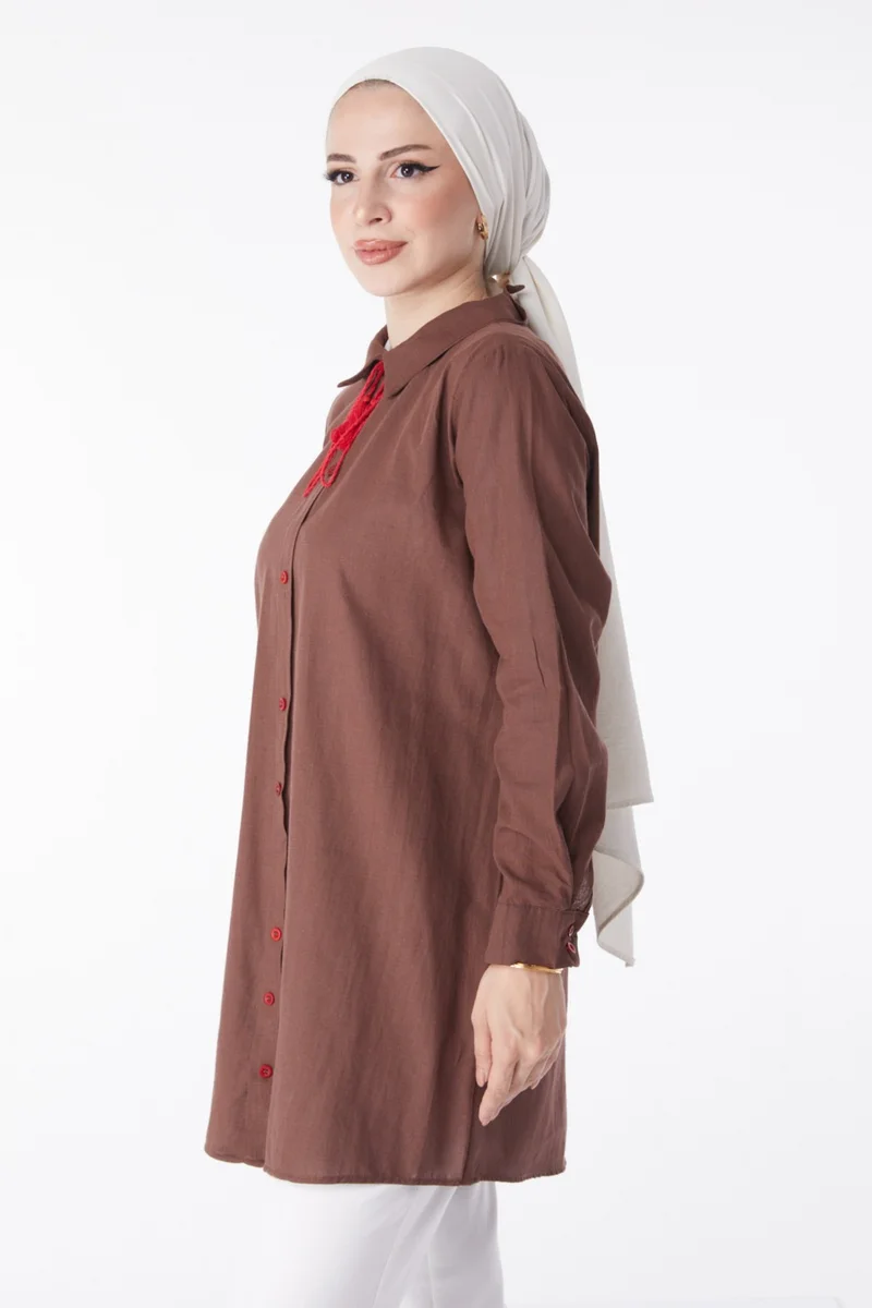 Tofisa Plain Shirt Collar Women's Brown Tassel Detail Tunic - 13159