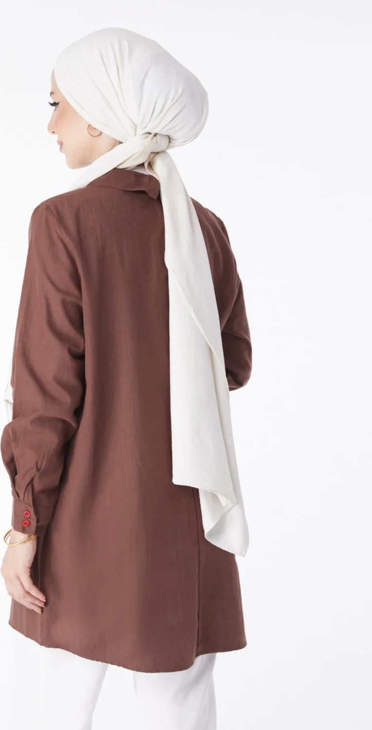 Tofisa Plain Shirt Collar Women's Brown Tassel Detail Tunic - 13159