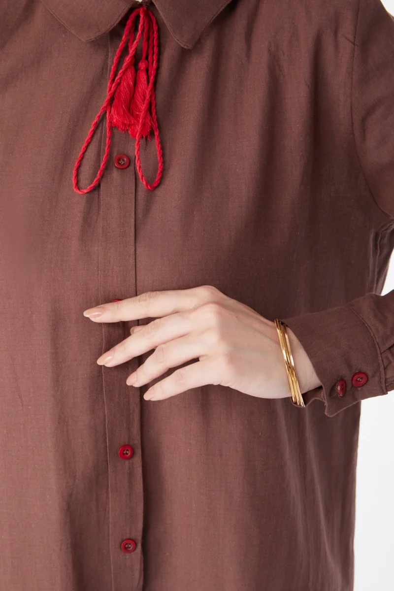 Tofisa Plain Shirt Collar Women's Brown Tassel Detail Tunic - 13159