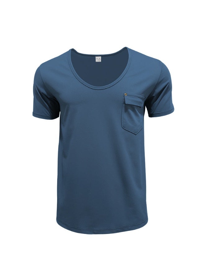 Fashionable Casual Short Sleeve U-Neck T-Shirt Men's Slim Fit Solid Color Shirt Summer  Breathable Top - Image 2