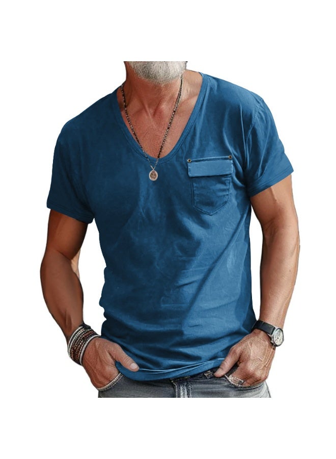 Fashionable Casual Short Sleeve U-Neck T-Shirt Men's Slim Fit Solid Color Shirt Summer  Breathable Top - Image 1
