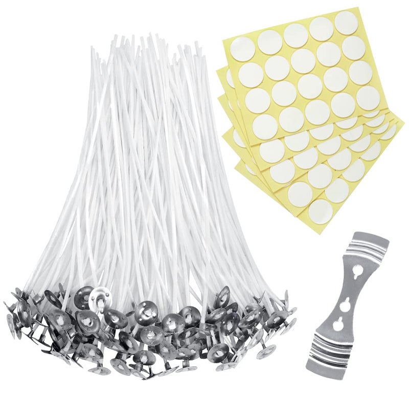 Candle Wicks Set, 100pcs 15cm Candle Wicks with Wick Stickers and 1pcs Stainless Wick Holder for Making DIY Candles