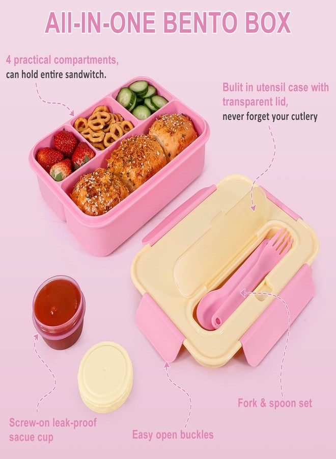 Caperci 50oz Larger Bento Box for Kids - Reinforced Leakproof Lunch Box Containers for Kids, Built-in Sauce Cup, Utensils, 4 Compartments, BPA-Free Microwave & Dishwasher Safe (Yellow/Pink) - Image 5