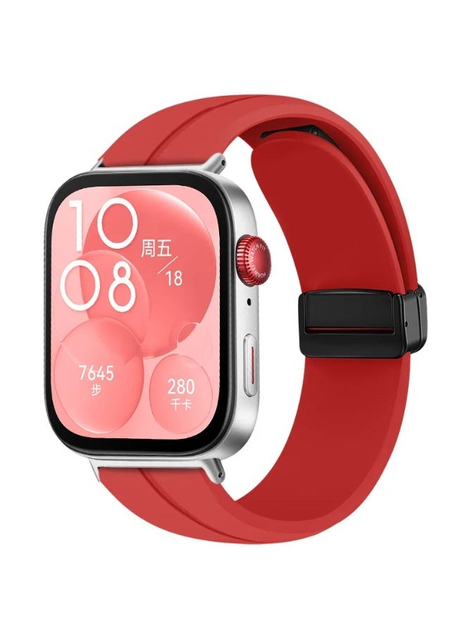 Generic Strap For Huawei Watch Fit 3 Magnetic Folding Buckle Accessories Smartwatch Bracelet Replacement For Huawei Watch Fit 3 (Red) 