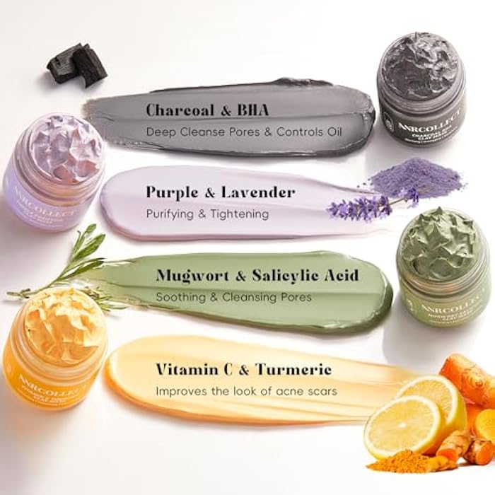 ANRCOLLECT Face Mask Set, 4Pcs Clay Mask, Face Masks Skin Care with Vitamin C, Charcoal, Mugwort and Purple Clay, Skincare Christmas Gift for Blackheads & Oil Control, Stocking Stuffers for Teen Girls - Image 4