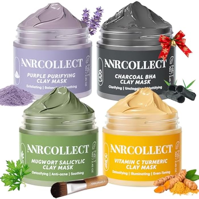 ANRCOLLECT Face Mask Set, 4Pcs Clay Mask, Face Masks Skin Care with Vitamin C, Charcoal, Mugwort and Purple Clay, Skincare Christmas Gift for Blackheads & Oil Control, Stocking Stuffers for Teen Girls - Image 1