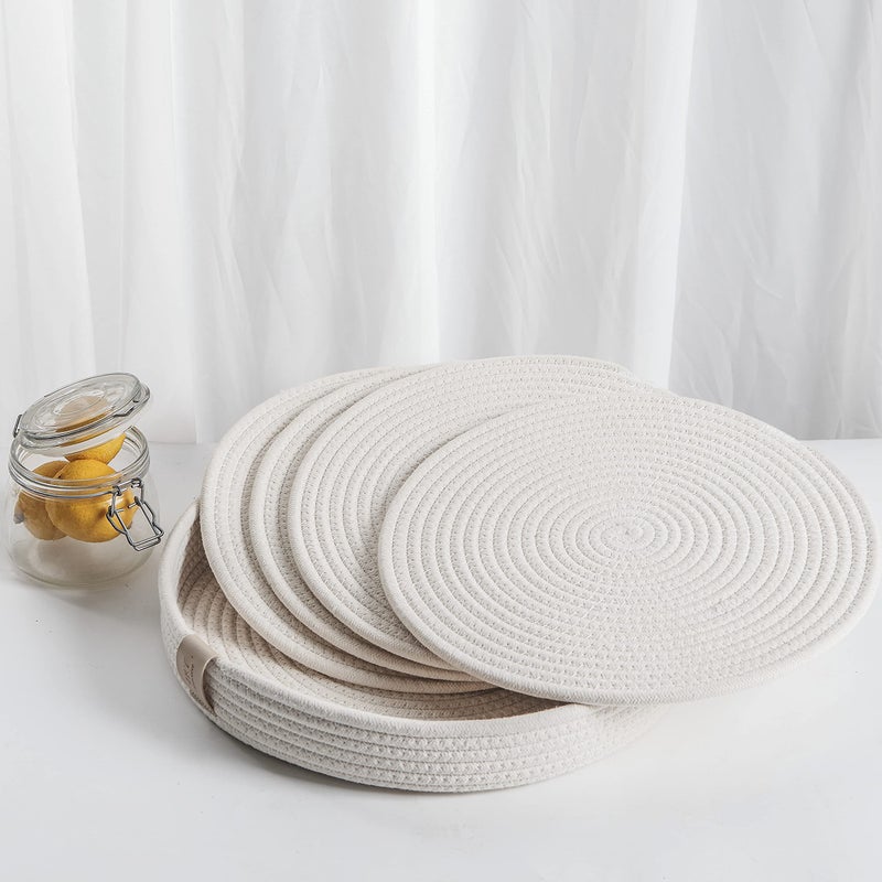 Art PineCone's Woven Cotton Rope Round Placemats Set of 4 with Holder Included, Non-Slip, and Heat Resistant Shabby Chic Placemats (Off White, 13 inch) - Image 1