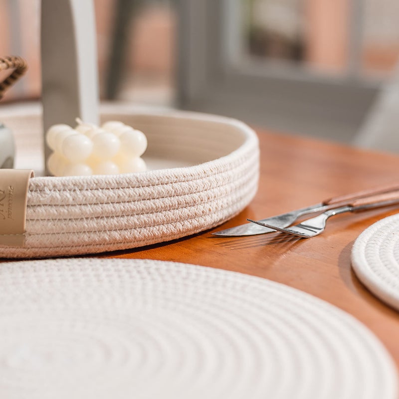 Art PineCone's Woven Cotton Rope Round Placemats Set of 4 with Holder Included, Non-Slip, and Heat Resistant Shabby Chic Placemats (Off White, 13 inch) - Image 4