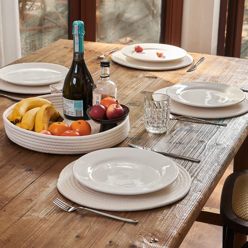 Art PineCone's Woven Cotton Rope Round Placemats Set of 4 with Holder Included, Non-Slip, and Heat Resistant Shabby Chic Placemats (Off White, 13 inch) - Image 2