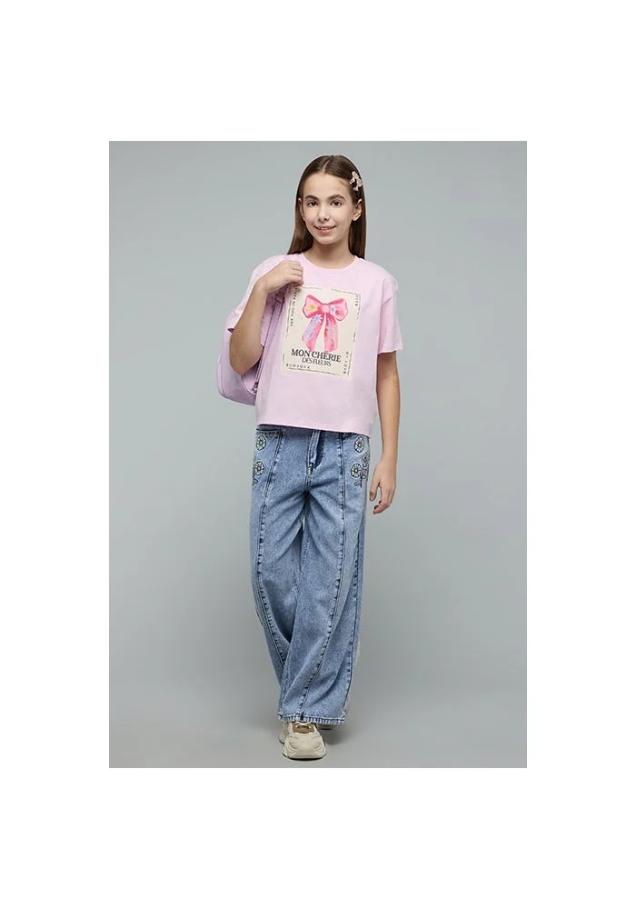 أر أند بي Graphic Print T-Shirt with Crew Neck and Short Sleeves