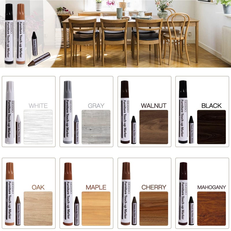 SEISSO Furniture Markers Touch Up - 17PCS Furniture Repair Kit, 8 Colors Wood Markers and Wax Sticks with Sharpener Kit Used for Stains, Scratch, Wood Floors, Stains, Tables, Desks, and Cover Ups - Image 2