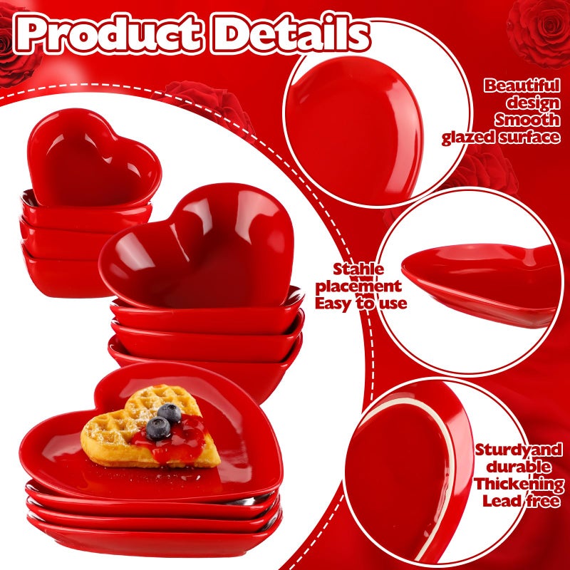 Willinglong 12 Pcs Valentines Day Red Heart Shaped Plates Ceramic Heart Bowl for Dessert Salad Appetizer Multipurpose Dishes Microwave and Dishwasher Safe for Valentines Day Party Supply - Image 3
