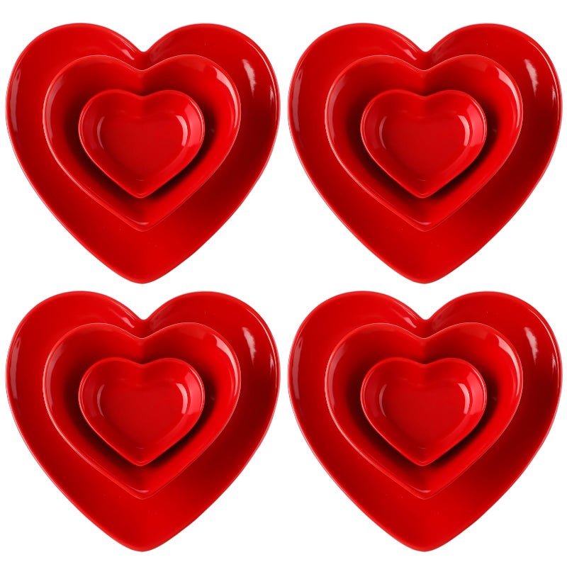 Willinglong 12 Pcs Valentines Day Red Heart Shaped Plates Ceramic Heart Bowl for Dessert Salad Appetizer Multipurpose Dishes Microwave and Dishwasher Safe for Valentines Day Party Supply - Image 1
