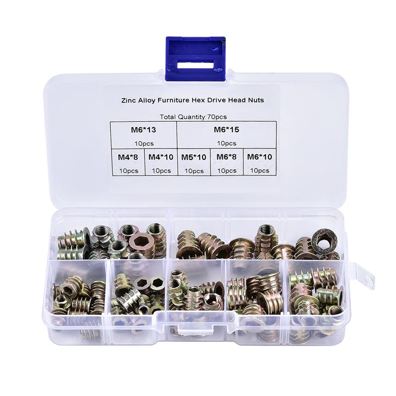 70PCS Zinc Alloy Threaded Inserts Wear Resistant Hex Drive Furniture Nuts for Plywood Fiberboard - Image 1