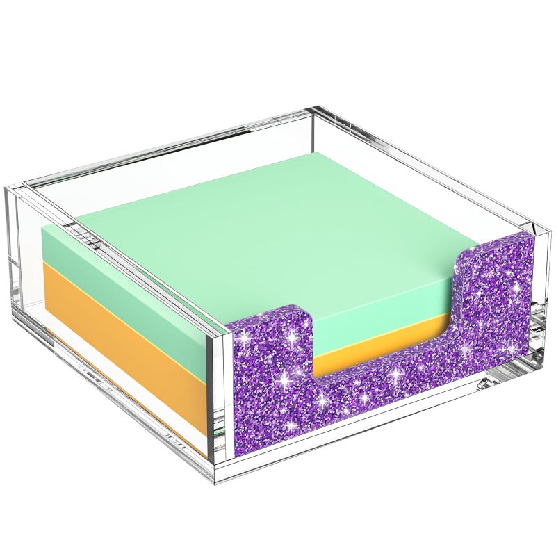 Rulyyo Acrylic Notepad Dispenser Organizer - 3 x 3 in Clear and Glitter Purple Sticky Note Holder W/O Pads Memo Holder for Dorm Room School Classroom Office Desk Organizer Aesthetic Supplies - Image 1