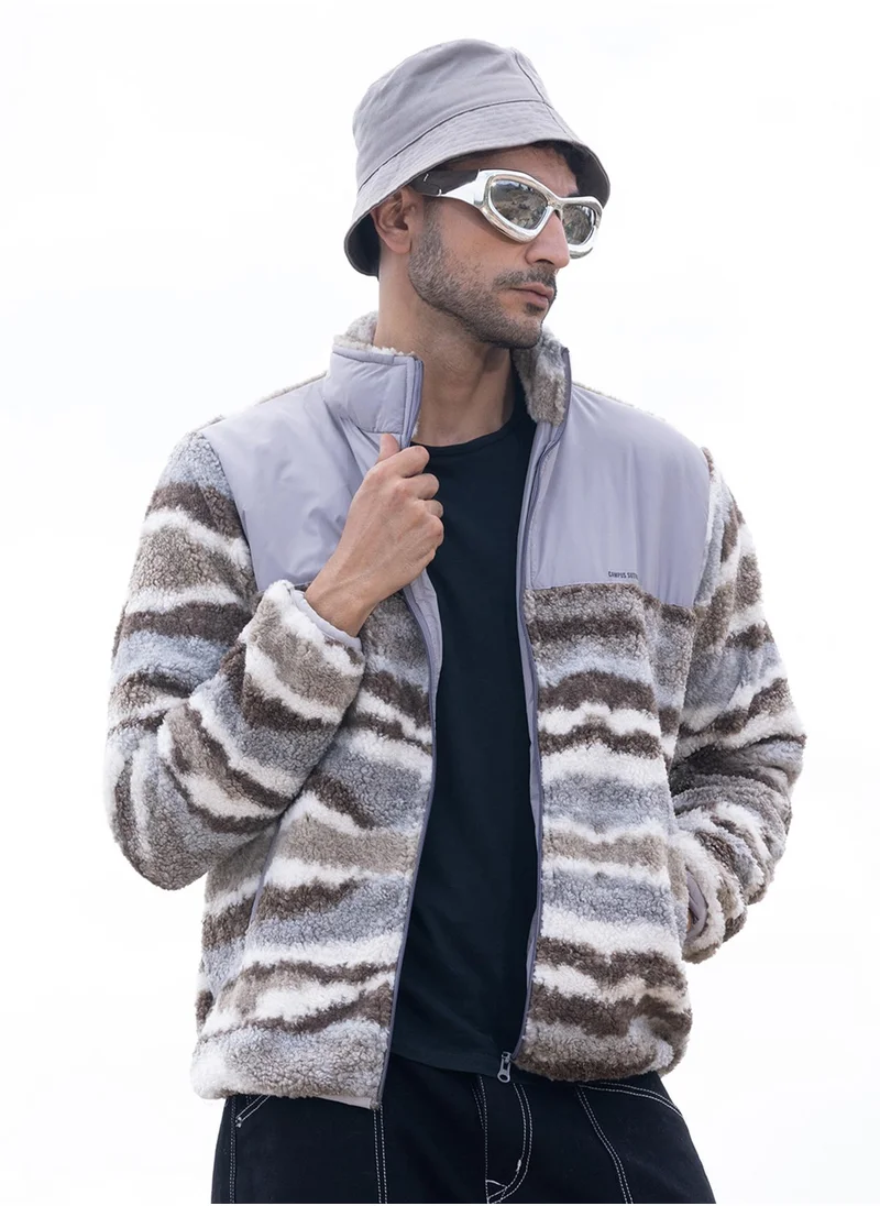 Campus Sutra Men's Light Grey & Chocolate Brown Camouflage Sherpa Zip-Front Jacket