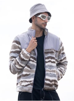 Campus Sutra Men's Light Grey & Chocolate Brown Camouflage Sherpa Zip-Front Jacket  - Image 1