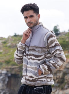 Campus Sutra Men's Light Grey & Chocolate Brown Camouflage Sherpa Zip-Front Jacket  - Image 3